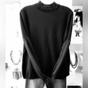 LEO & UGO embellished neckline and sheer sleeve dressy sweater sz M